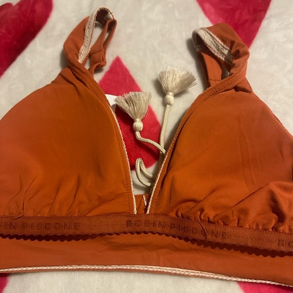 NWT ROBIN PICCONE Abi Bikini Top Striped Tie Back in Burnt Oranges/Ecru - Picture 4 of 11